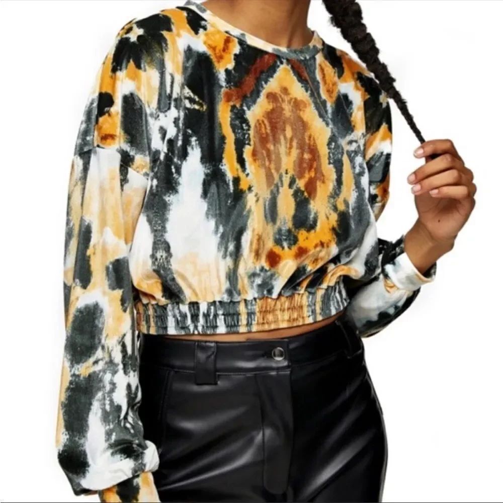 TOPSHOP | NEW Velvet Animal Print Long Sleeve Cropped Top Women’s Size 6